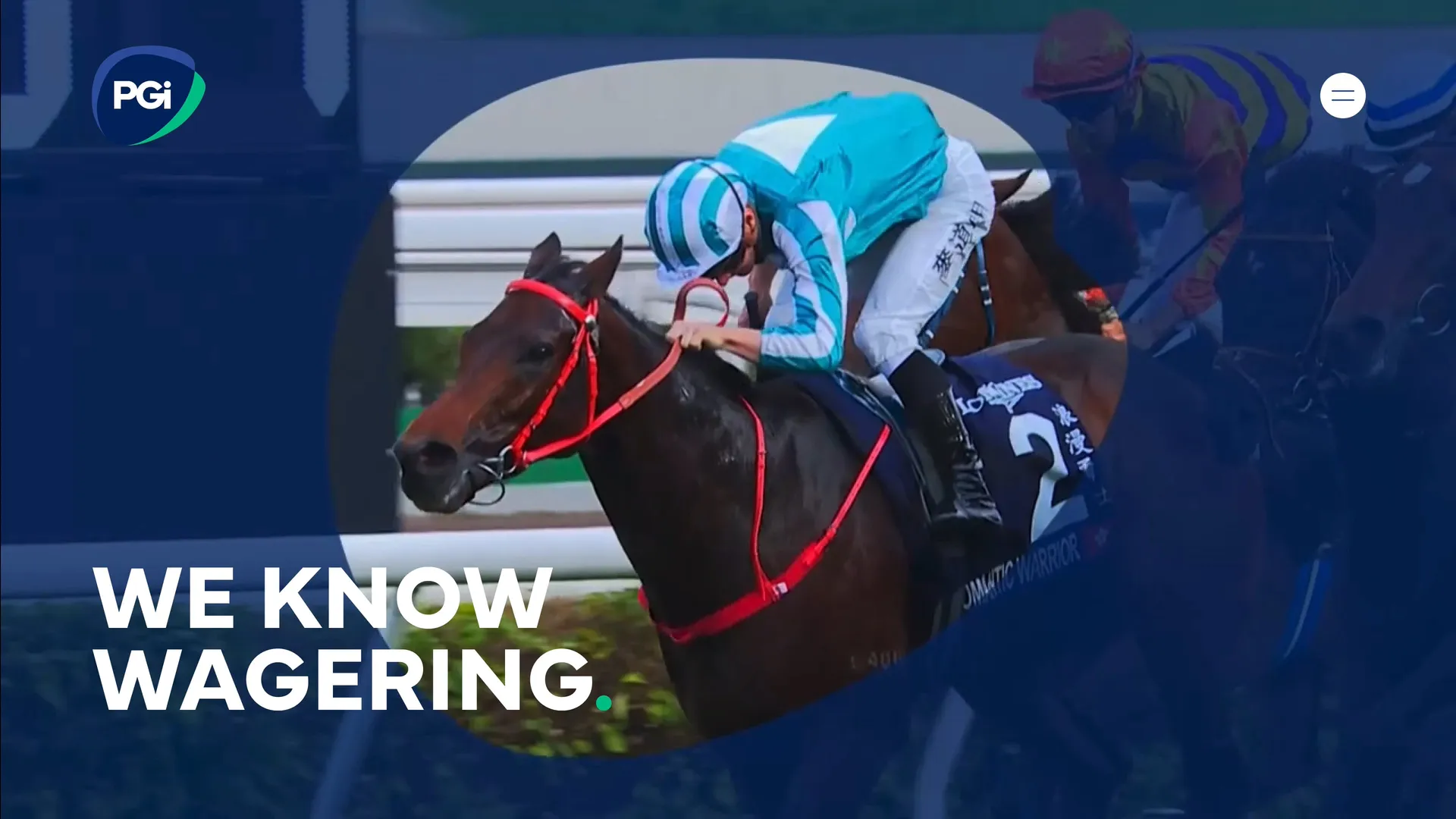 PGi Wagering website hero image designed by DotPerformance, showing a jockey on a thoroughbred racehorse mid-race with the tagline "We Know Wagering"
